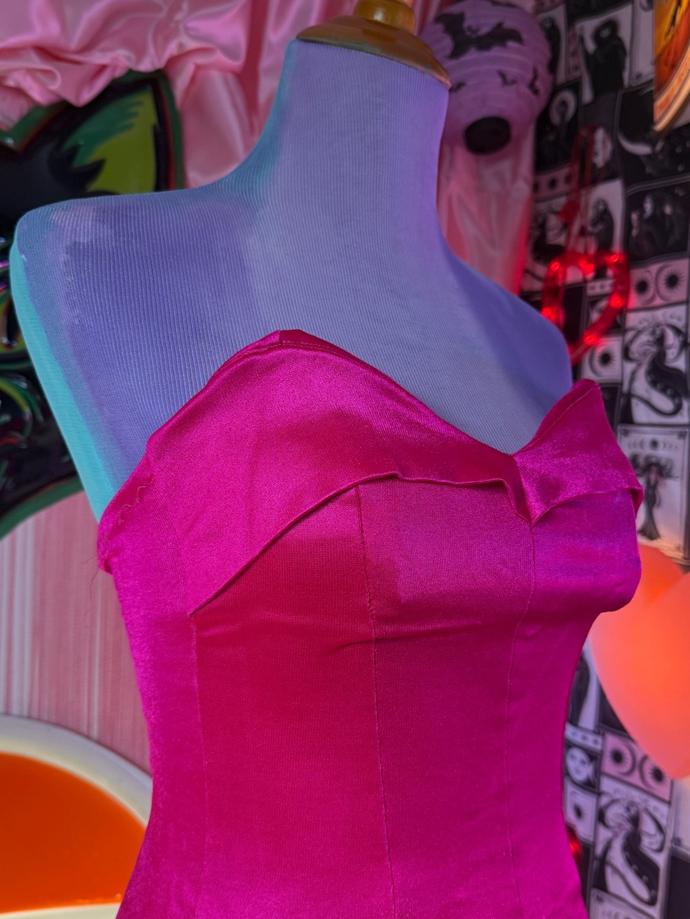 Vintage Betsey Johnson Punk Label Hot Pink Satin Strapless Dress w/ Boning Sz S - Picture 8 of 11